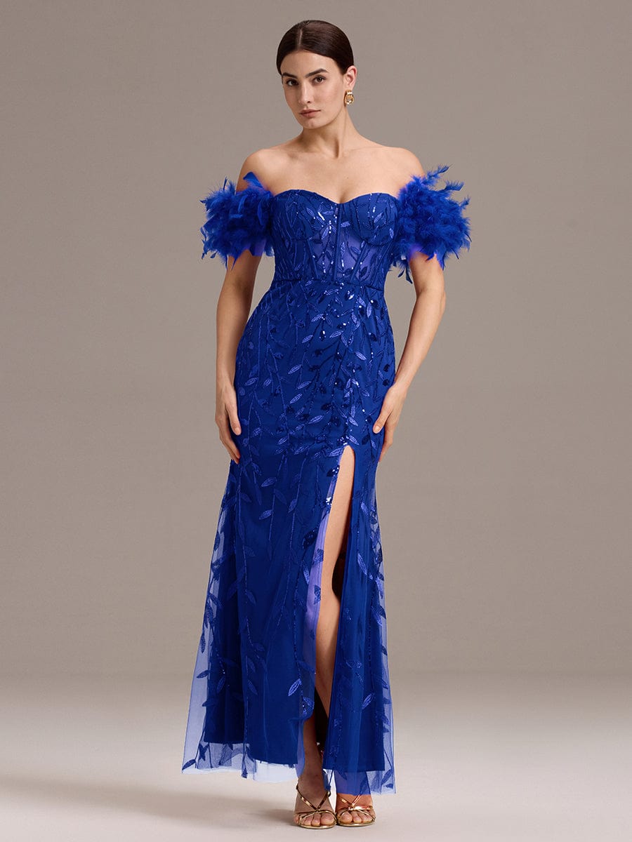 ever BELISSE|Off-Shoulder Feather Sleeve A-Line High Split Backless Sequin Formal Dress