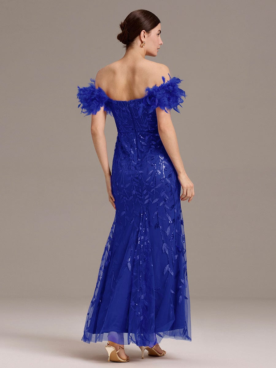 ever BELISSE|Off-Shoulder Feather Sleeve A-Line High Split Backless Sequin Formal Dress