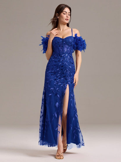 ever BELISSE|Off-Shoulder Feather Sleeve A-Line High Split Backless Sequin Formal Dress