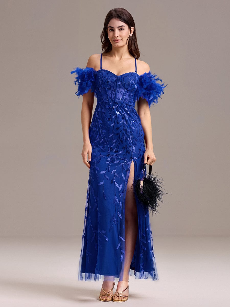 ever BELISSE|Off-Shoulder Feather Sleeve A-Line High Split Backless Sequin Formal Dress