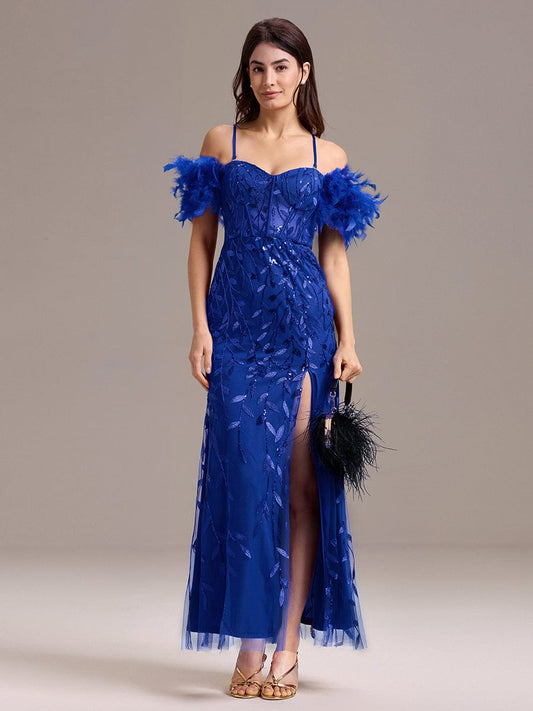 ever BELISSE|Off-Shoulder Feather Sleeve A-Line High Split Backless Sequin Formal Dress