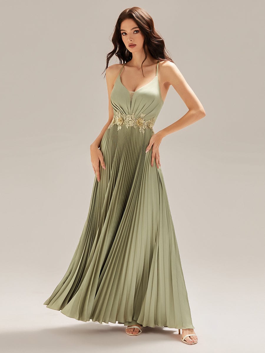 ever SERRA|Appliqued Satin Pleated Sleeveless Dress