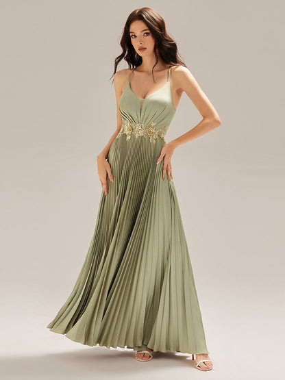 ever SERRA|Appliqued Satin Pleated Sleeveless Dress