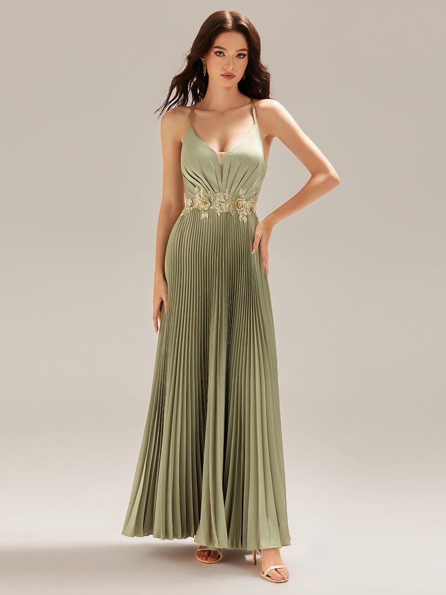 ever SERRA|Appliqued Satin Pleated Sleeveless Dress