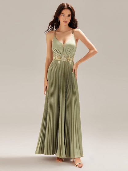ever SERRA|Appliqued Satin Pleated Sleeveless Dress