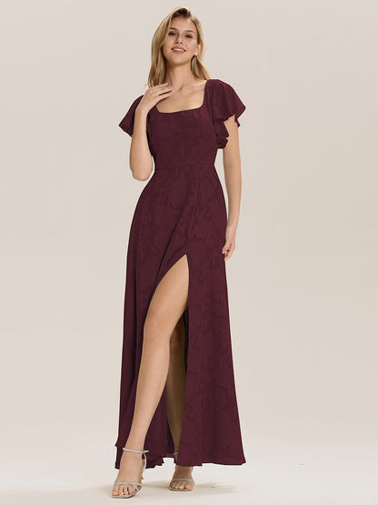 ever ZERENA|Ruffle Sleeve A-Line Formal Evening Dress with Slit