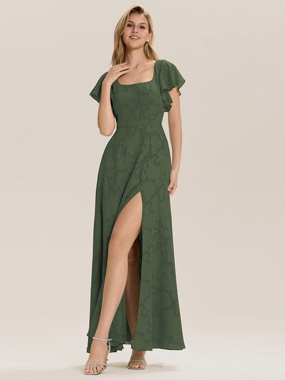 ever ZERENA|Ruffle Sleeve A-Line Formal Evening Dress with Slit