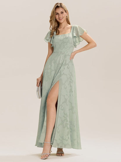 ever ZERENA|Ruffle Sleeve A-Line Formal Evening Dress with Slit
