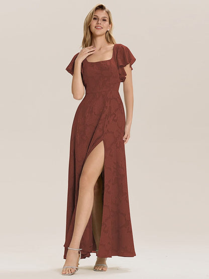 ever ZERENA|Ruffle Sleeve A-Line Formal Evening Dress with Slit