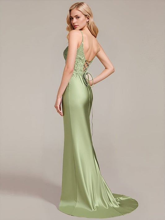 ever CALISTA|Lace-Up Satin Sleeveless Formal Dress