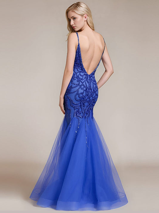 ever CELESTIA|Deep V-Neck Sequin Sleeveless Formal Dress