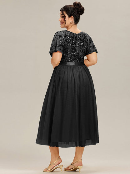 ever COOPER|Round Neck Sequin Ruffle Sleeve Dress