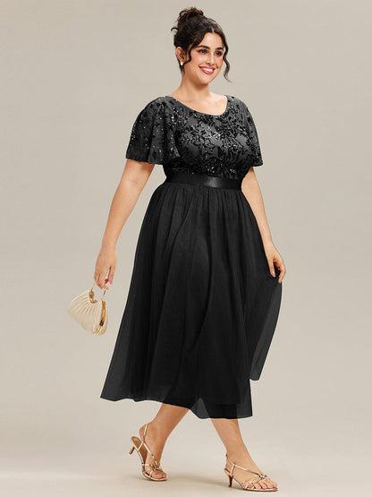 ever COOPER|Round Neck Sequin Ruffle Sleeve Dress