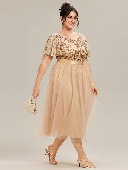 ever COOPER|Round Neck Sequin Ruffle Sleeve Dress