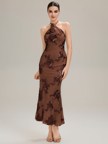 Floral Mesh Sleeveless Evening Dress
