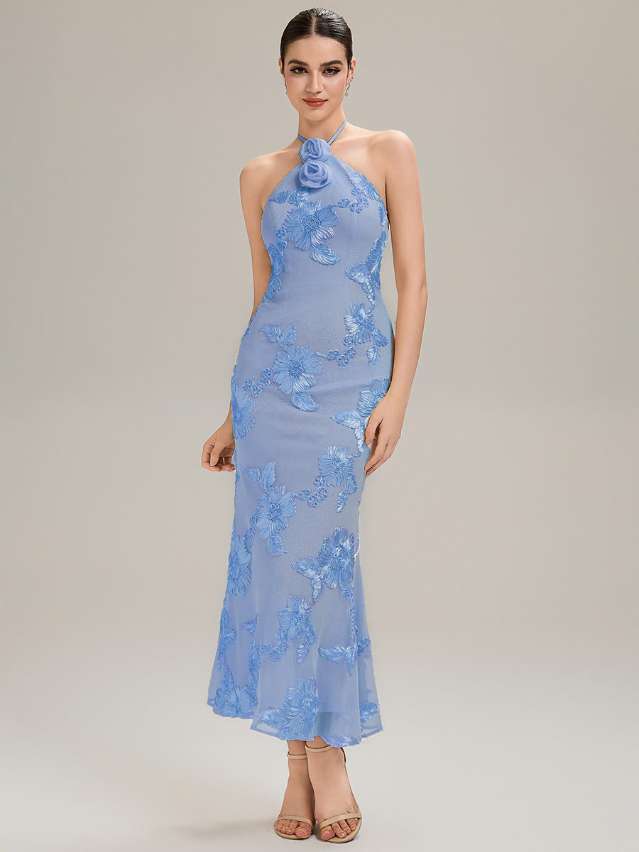 Floral Mesh Sleeveless Evening Dress