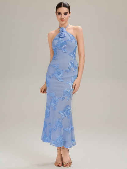 Floral Mesh Sleeveless Evening Dress