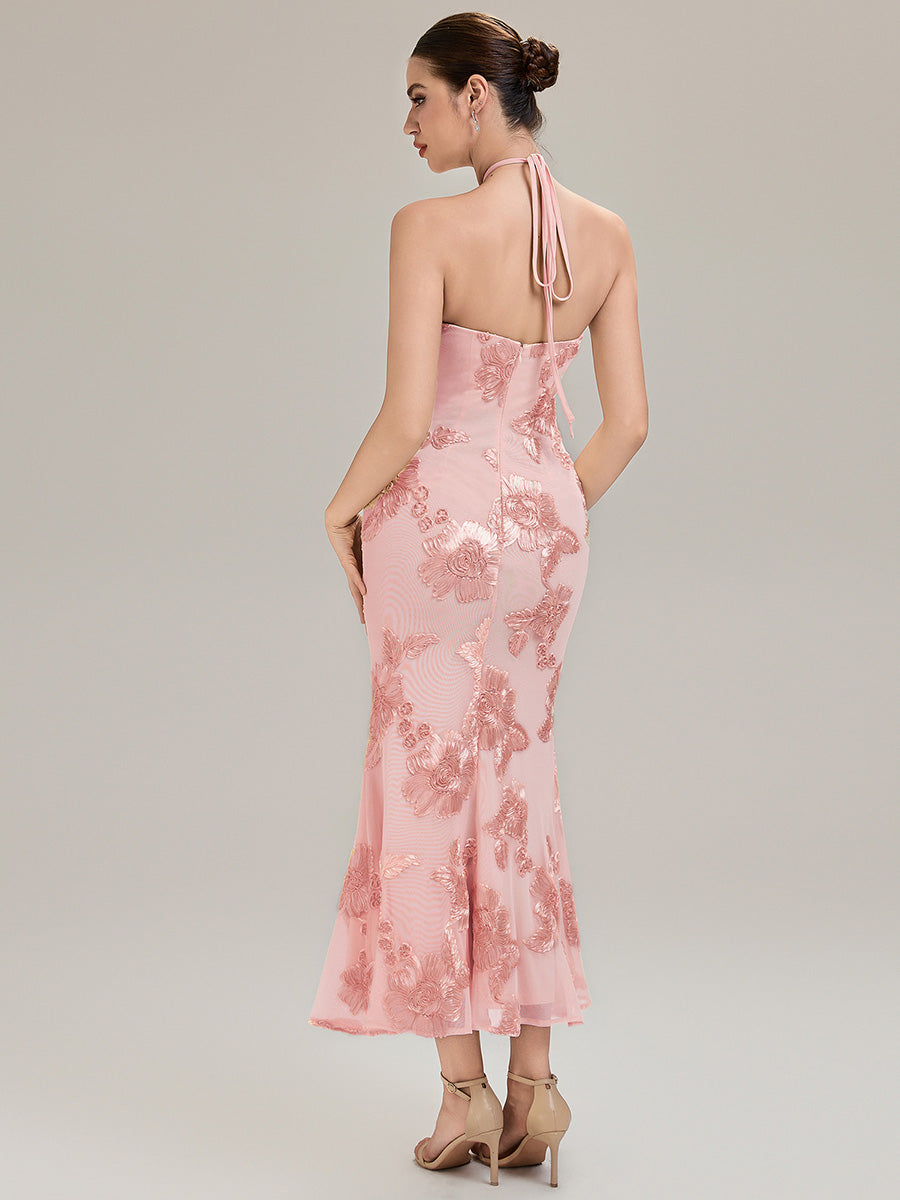 Floral Mesh Sleeveless Evening Dress