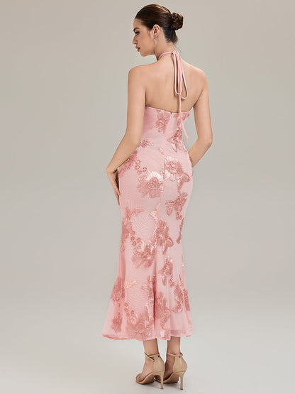 Floral Mesh Sleeveless Evening Dress