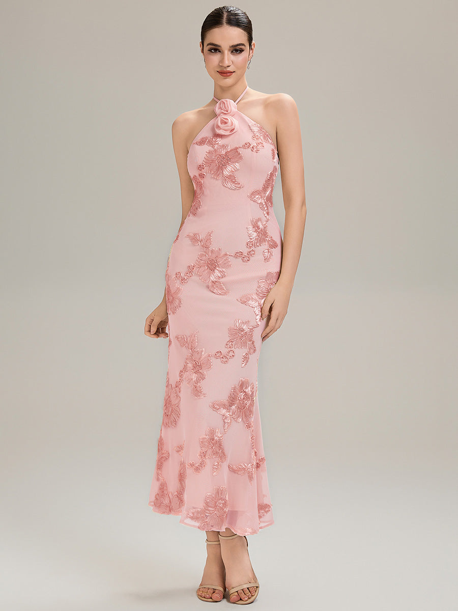 Floral Mesh Sleeveless Evening Dress
