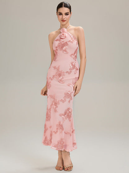 Floral Mesh Sleeveless Evening Dress