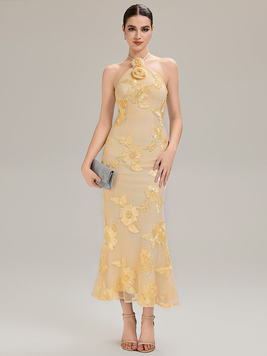 Floral Mesh Sleeveless Evening Dress