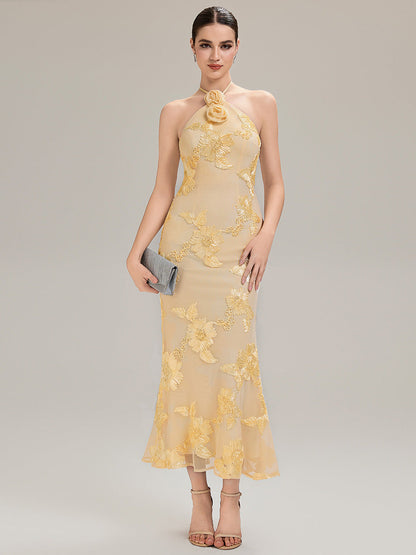 Floral Mesh Sleeveless Evening Dress