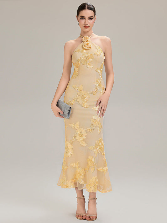 Floral Mesh Sleeveless Evening Dress