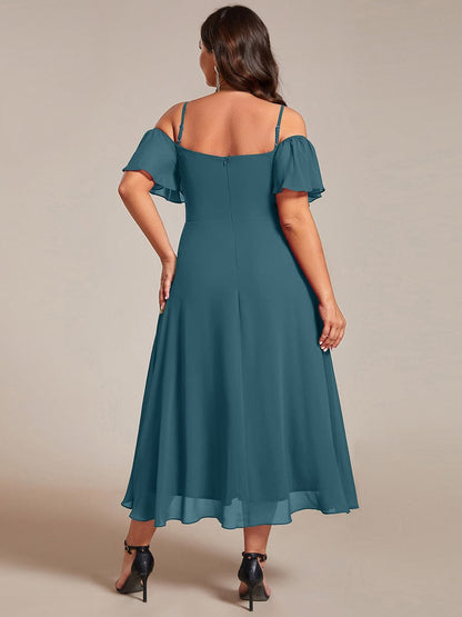 pretty JORDANE|Plus Size Cold Shoulder Sweetheart Necklin Chiffon Midi Wedding Guest Dress