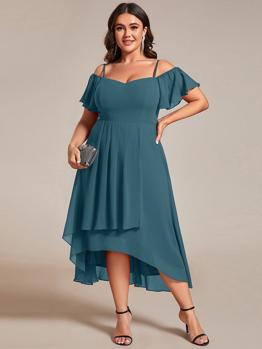 pretty JORDANE|Plus Size Cold Shoulder Sweetheart Necklin Chiffon Midi Wedding Guest Dress
