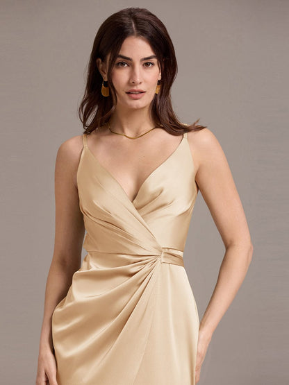 ever CALISTE|Satin V-Neck Spaghetti Straps Midi Wedding Guest Dress