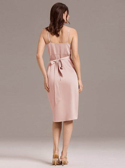 ever CALISTE|Satin V-Neck Spaghetti Straps Midi Wedding Guest Dress
