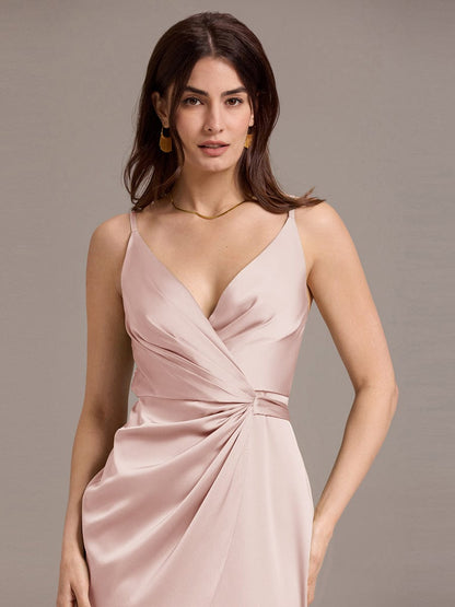 ever CALISTE|Satin V-Neck Spaghetti Straps Midi Wedding Guest Dress