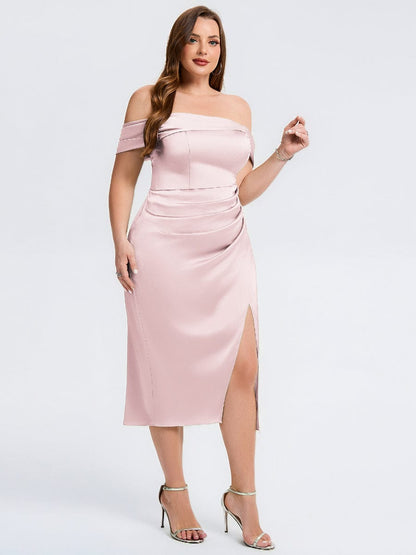 pretty DIANELLE|Plus Size Slit Satin Wedding Guest Dress
