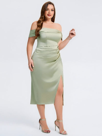 pretty DIANELLE|Plus Size Slit Satin Wedding Guest Dress