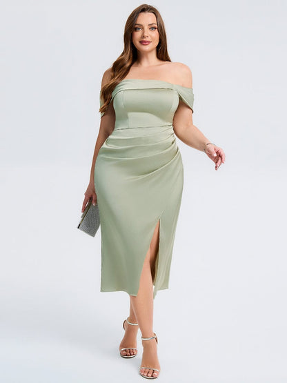 pretty DIANELLE|Plus Size Slit Satin Wedding Guest Dress