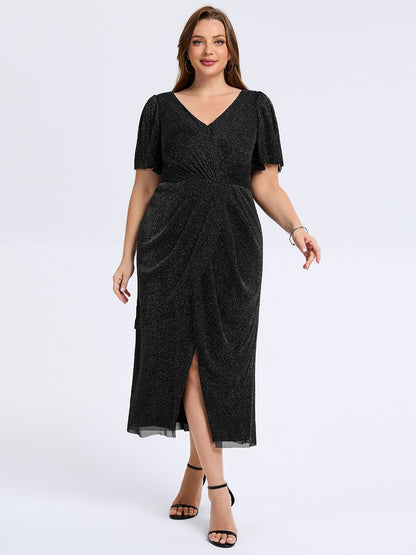 pretty NOIRA|Plus Size Slit Mesh Wedding Guest Dress