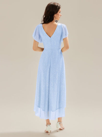 ever MIA|Pleated Glitter Ruffle Sleeve Dress