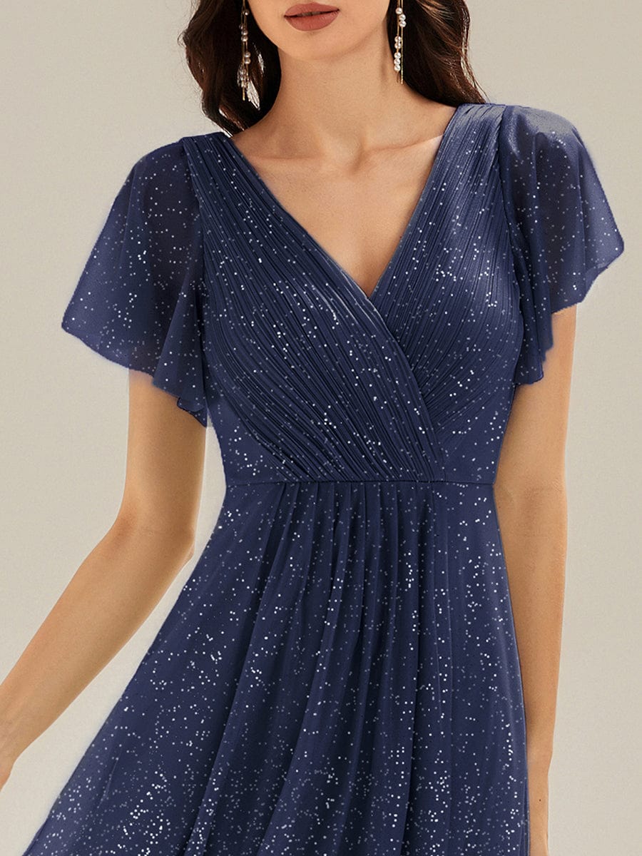ever MIA|Pleated Glitter Ruffle Sleeve Dress