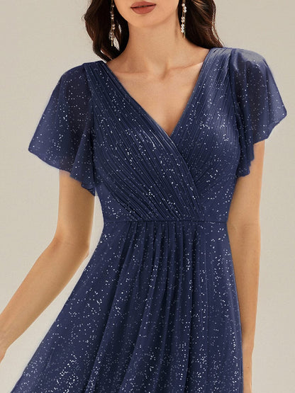 ever MIA|Pleated Glitter Ruffle Sleeve Dress