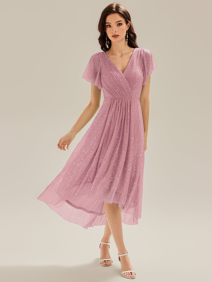 ever MIA|Pleated Glitter Ruffle Sleeve Dress
