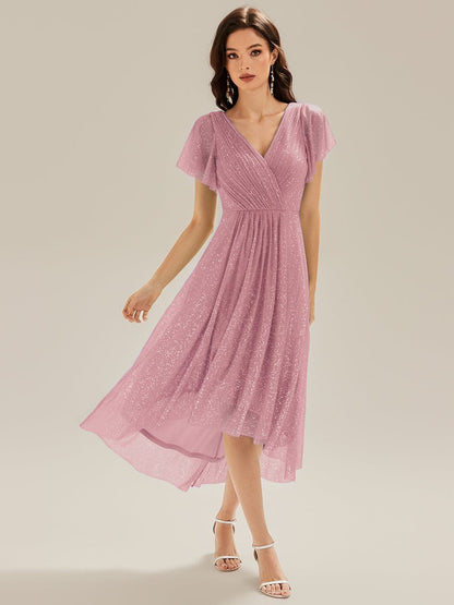 ever MIA|Pleated Glitter Ruffle Sleeve Dress