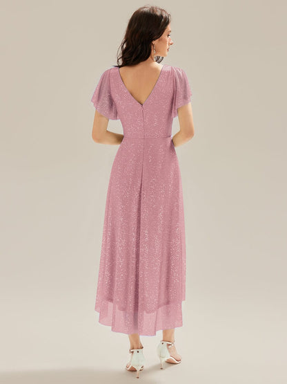 ever MIA|Pleated Glitter Ruffle Sleeve Dress