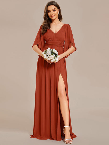 ever ELYAN|Half Sleeve V-Neck Pleated High Slit A-Line Chiffon Bridesmaid Dress