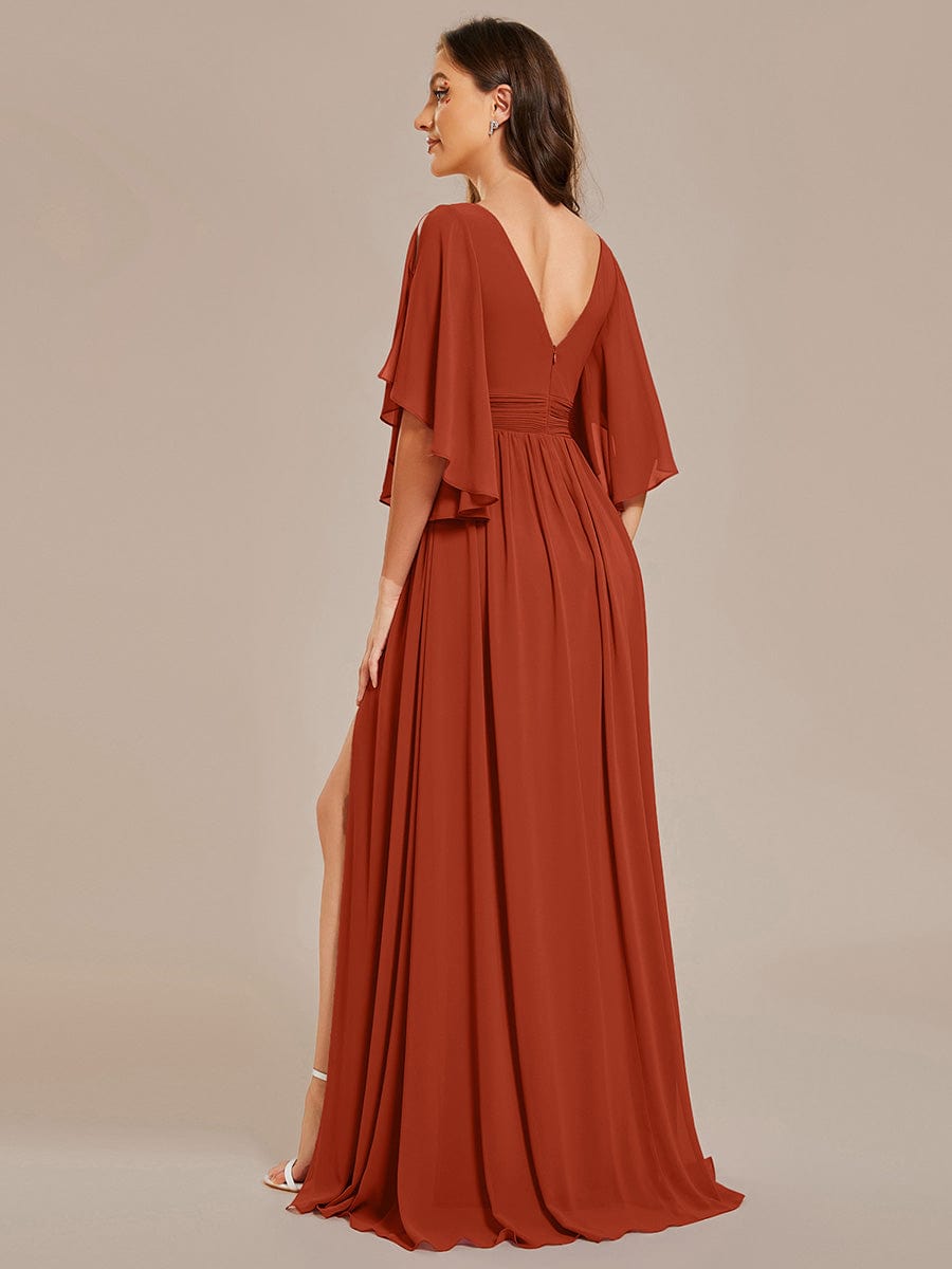 ever ELYAN|Half Sleeve V-Neck Pleated High Slit A-Line Chiffon Bridesmaid Dress
