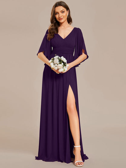 ever ELYAN|Half Sleeve V-Neck Pleated High Slit A-Line Chiffon Bridesmaid Dress