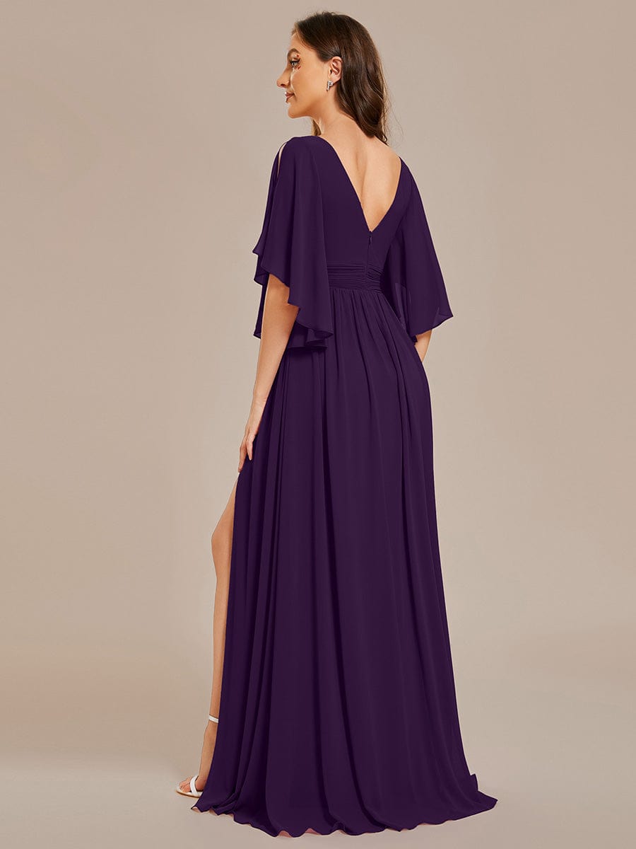 ever ELYAN|Half Sleeve V-Neck Pleated High Slit A-Line Chiffon Bridesmaid Dress