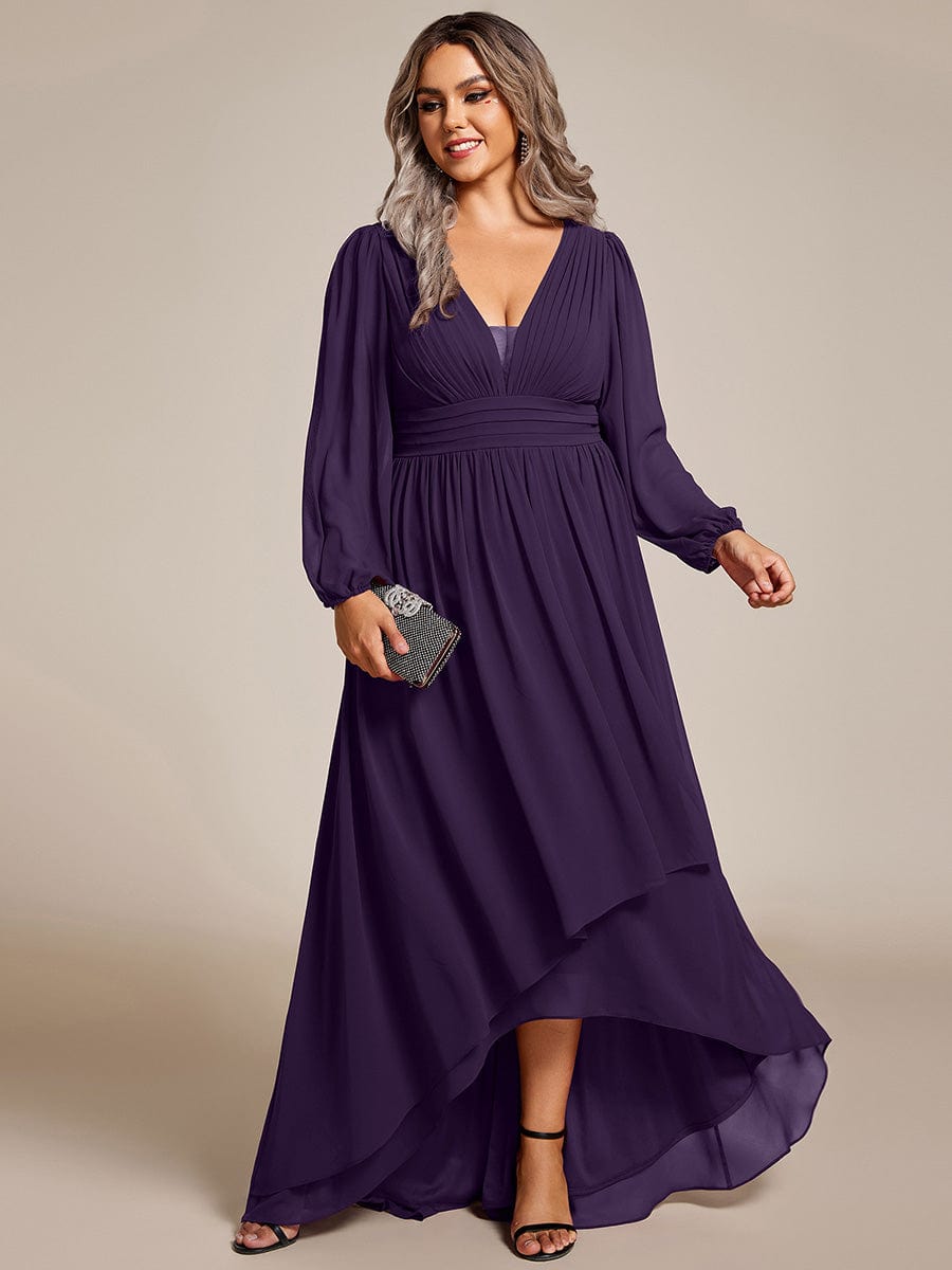 pretty GRIFFIN|Plus Size V-Neck Long Lantern Sleeves A-Line Chiffon Bridesmaid Dress