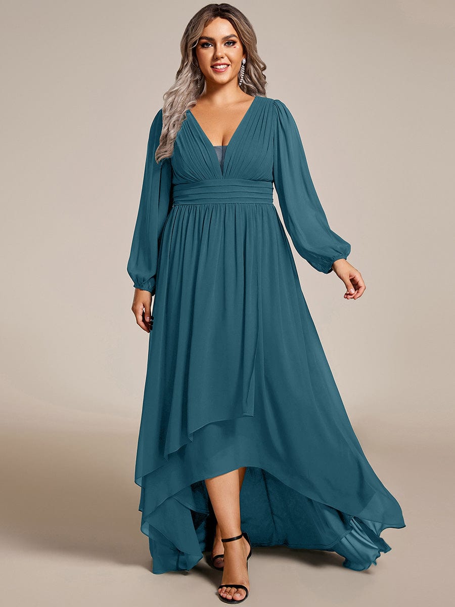 pretty GRIFFIN|Plus Size V-Neck Long Lantern Sleeves A-Line Chiffon Bridesmaid Dress