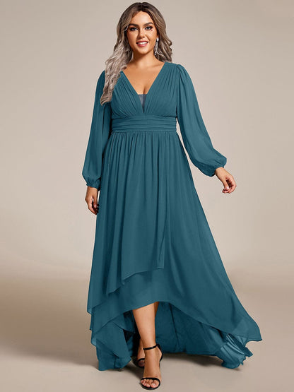 pretty GRIFFIN|Plus Size V-Neck Long Lantern Sleeves A-Line Chiffon Bridesmaid Dress